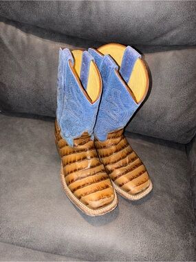 HP Brown Croc-Texture Foot with Blue Suede Shaft Cowboy Boots